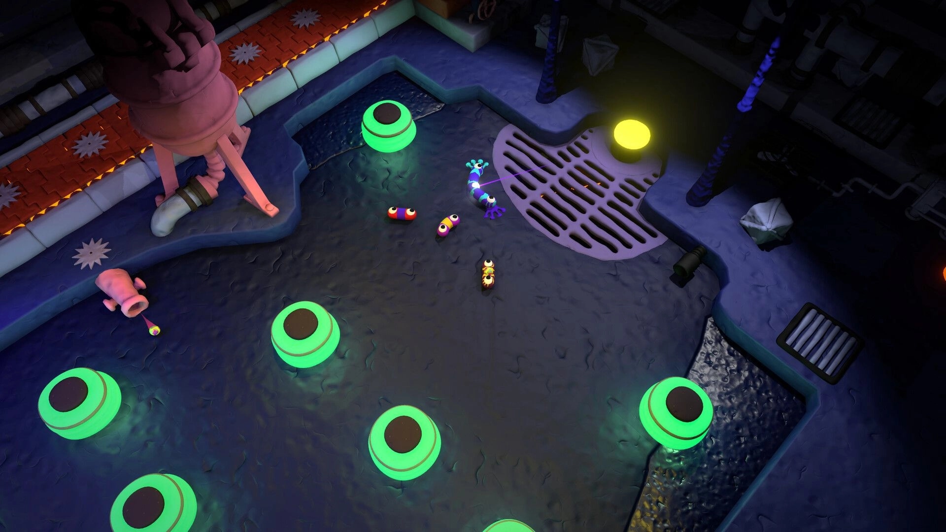 Mewts: Colorful characters battle in a neon-lit arena with glowing green platforms and dark water.