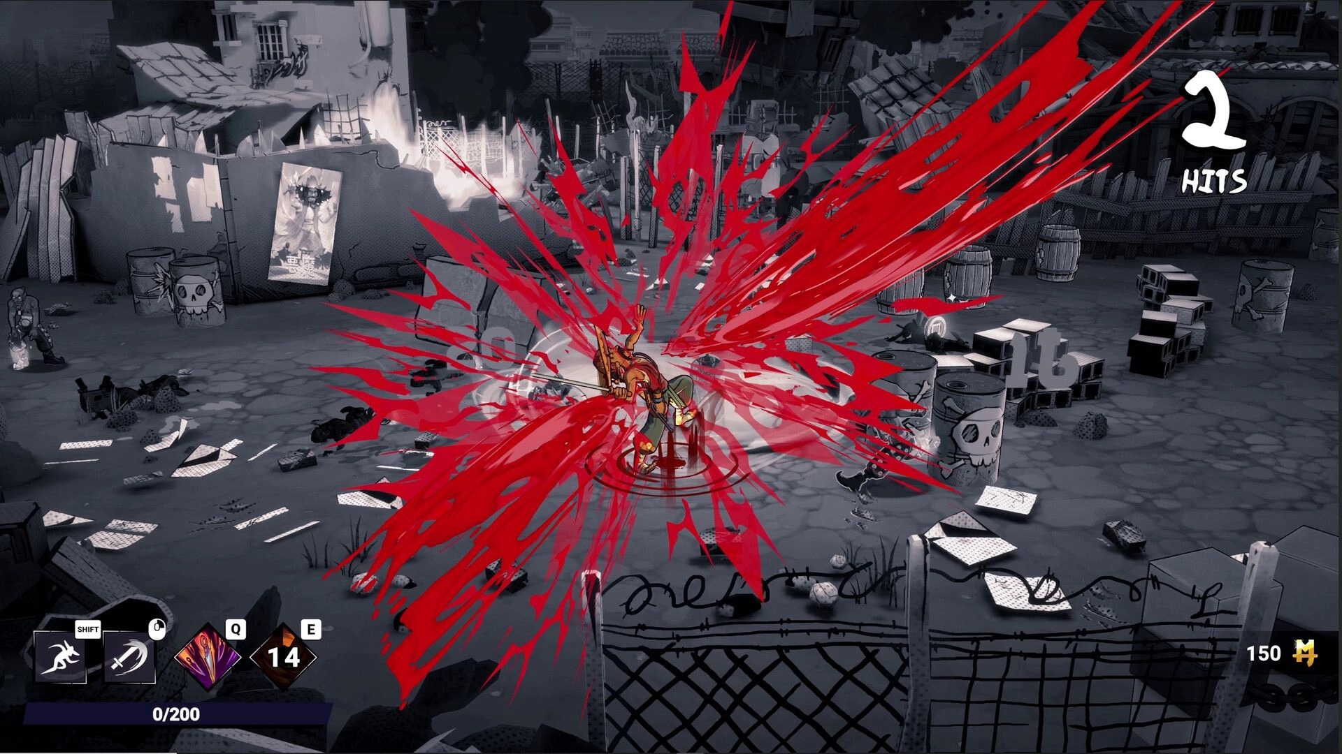 Mexican Ninja: Dynamic combat with red slash effect in a post-apocalyptic urban environment