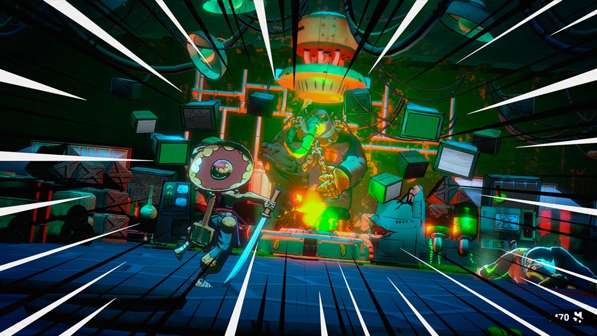 Mexican Ninja: Hero confronts giant chained foe in neon-lit tech lab with dramatic action lines.