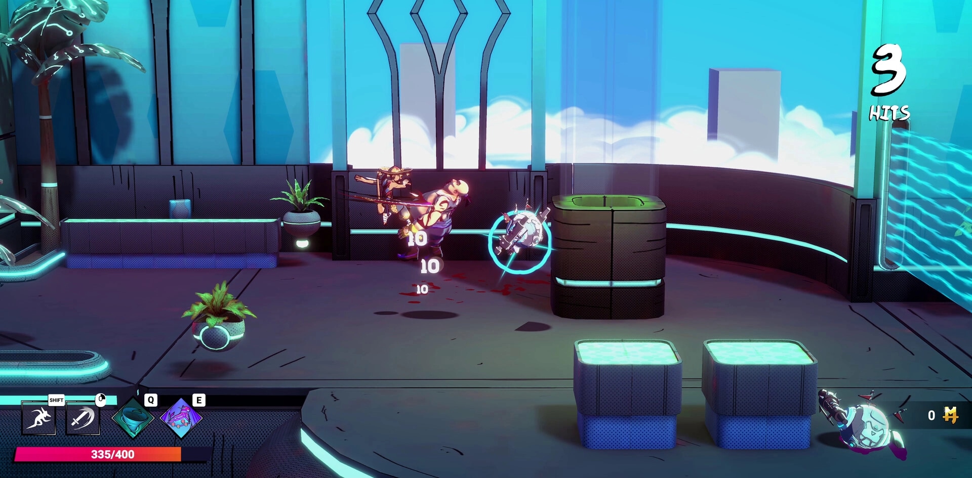 Mexican Ninja: Player performs aerial kick combo against enemy in futuristic rooftop setting