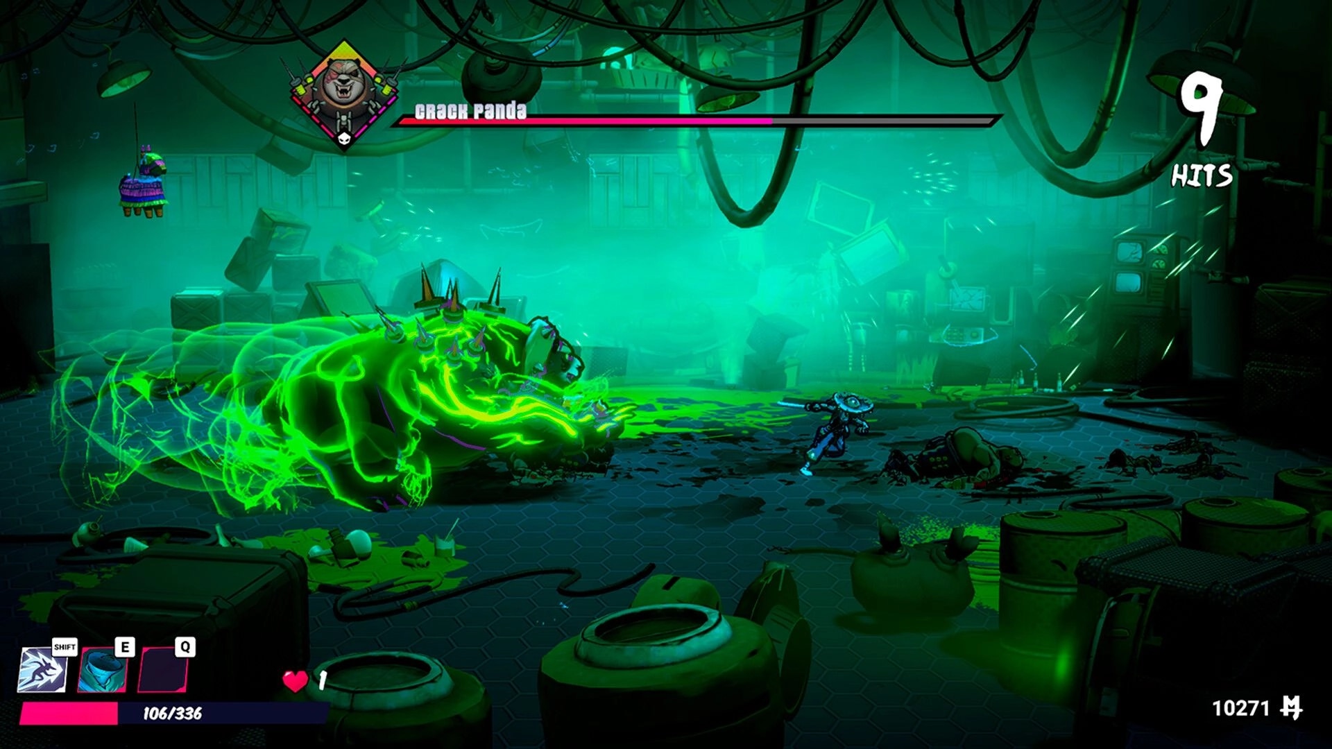 Mexican Ninja: Intense battle with Crack Panda in a neon-lit industrial warehouse environment