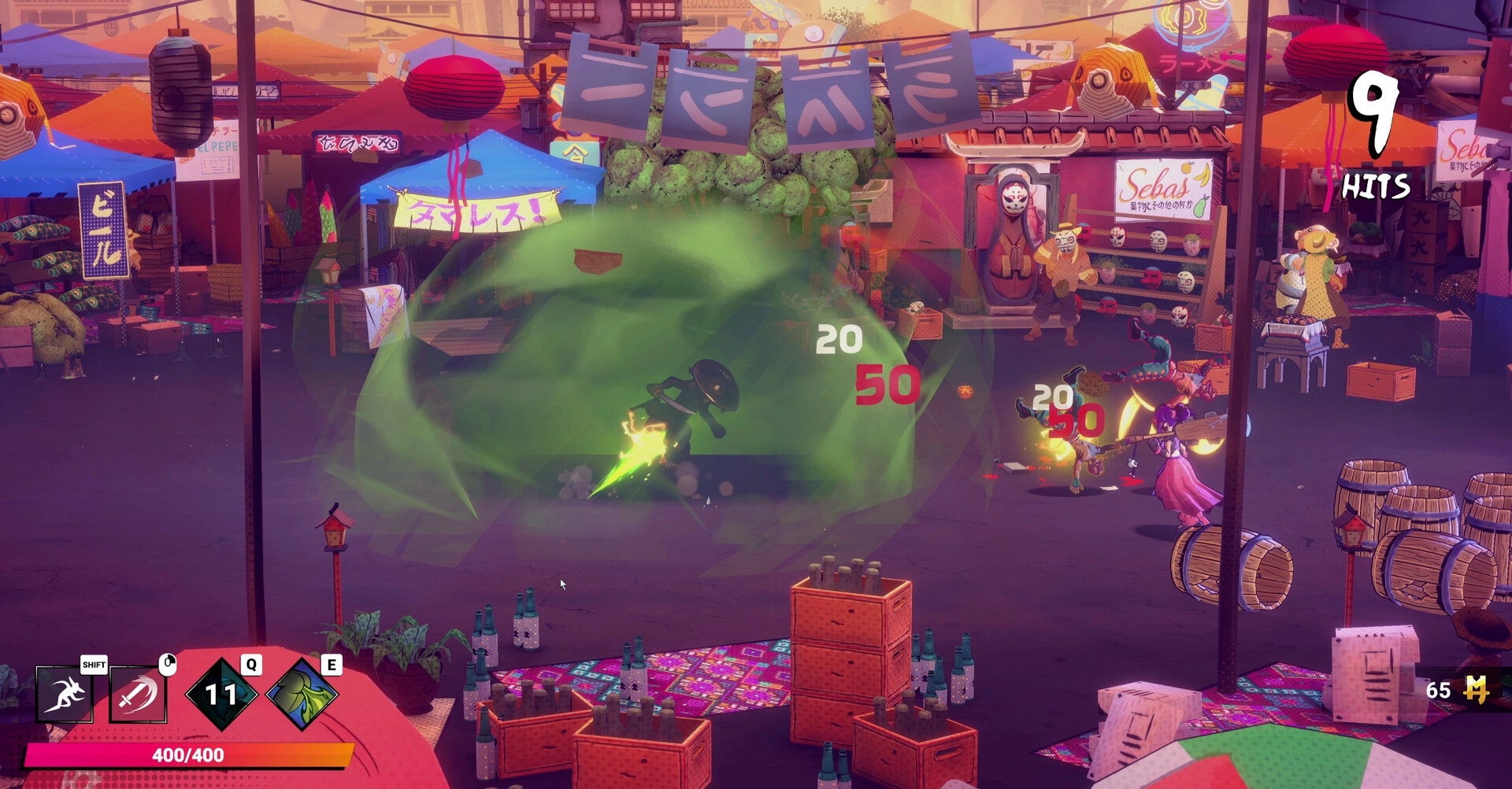 Mexican Ninja: Intense combat in a vibrant market with damage numbers and a nine-hit combo count