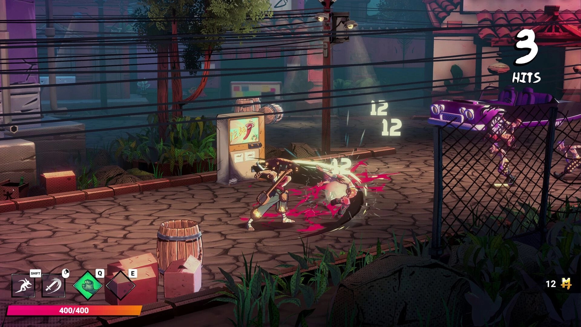 Mexican Ninja: Player executes combo attack on enemy in urban street with health bar and score display.