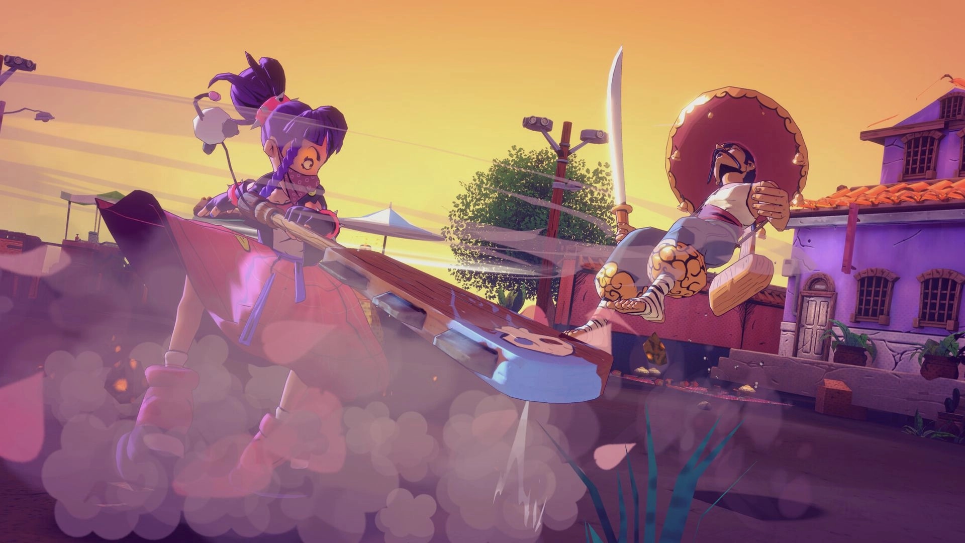 Mexican Ninja: Dynamic combat with character using a giant weapon in colorful Nuevo Tokyo street setting