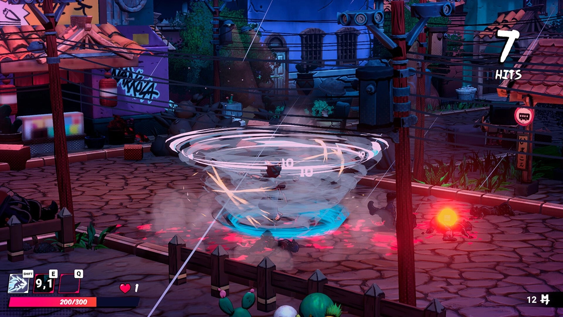 Mexican Ninja: Player unleashes tornado attack on enemies in vibrant street of Nuevo Tokyo at night.