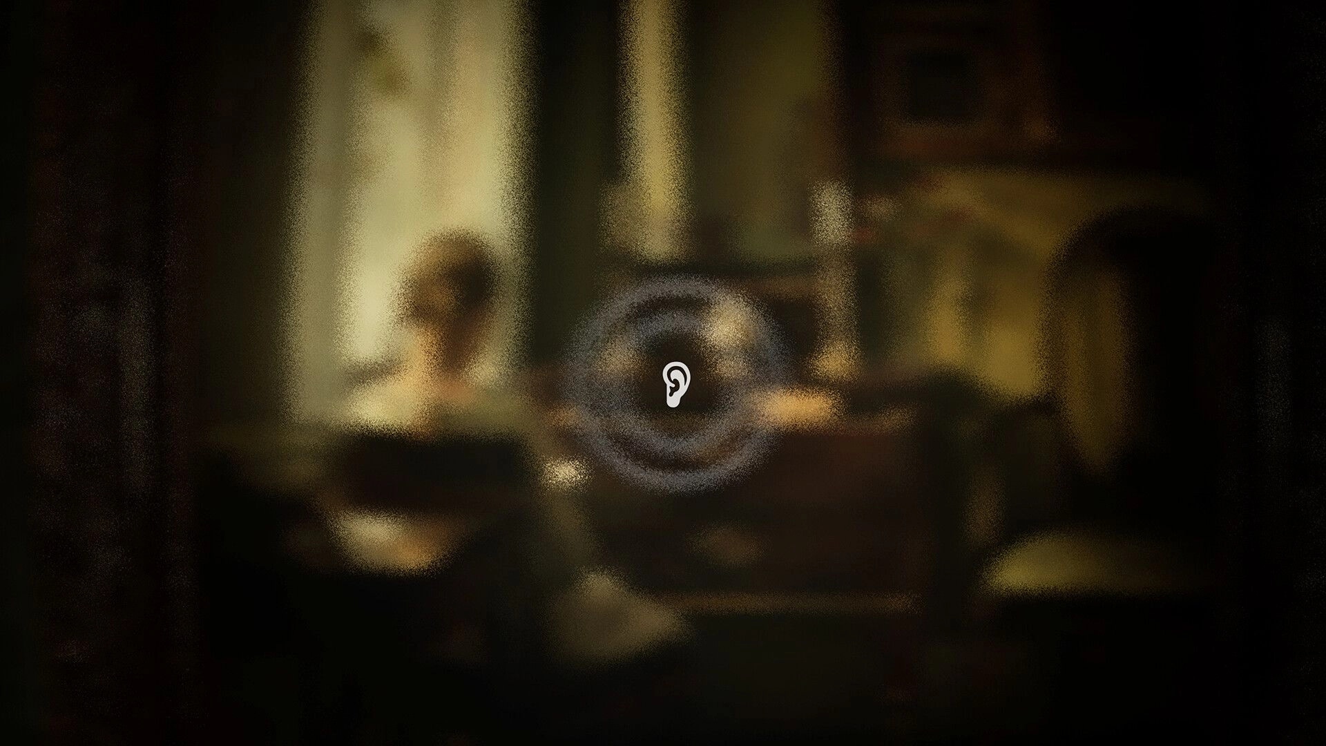 Michael Test: Ear icon listening prompt over blurry room scene with a seated figure at a table.