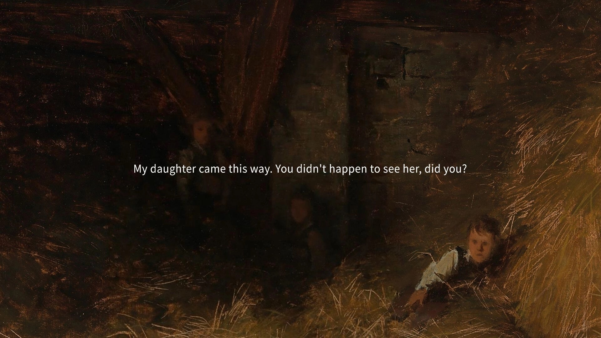Michael Test: Subtitle dialogue over a dark painted scene with a boy crouched in tall grass at right.