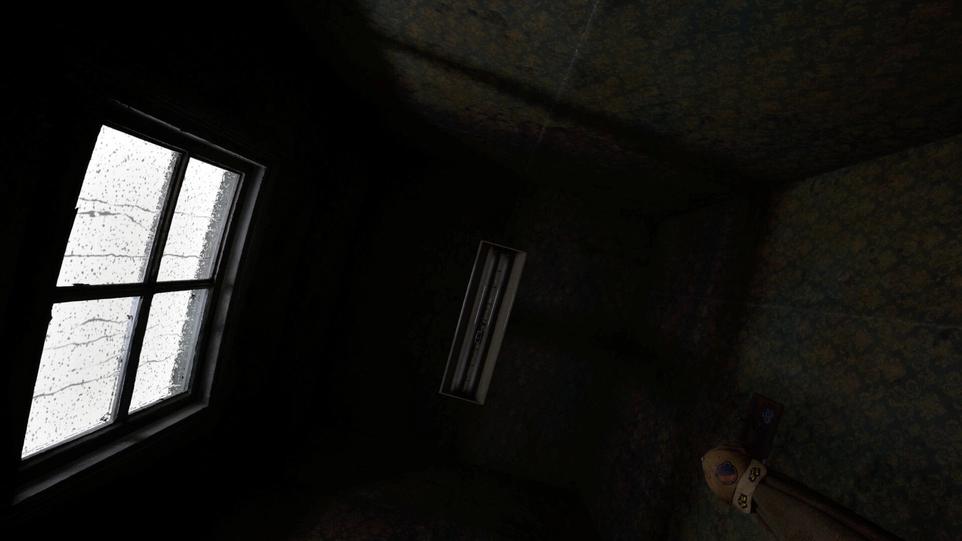 Michael Test: Tilted view of a rainy window and dim ceiling light in a dark, grimy room interior.