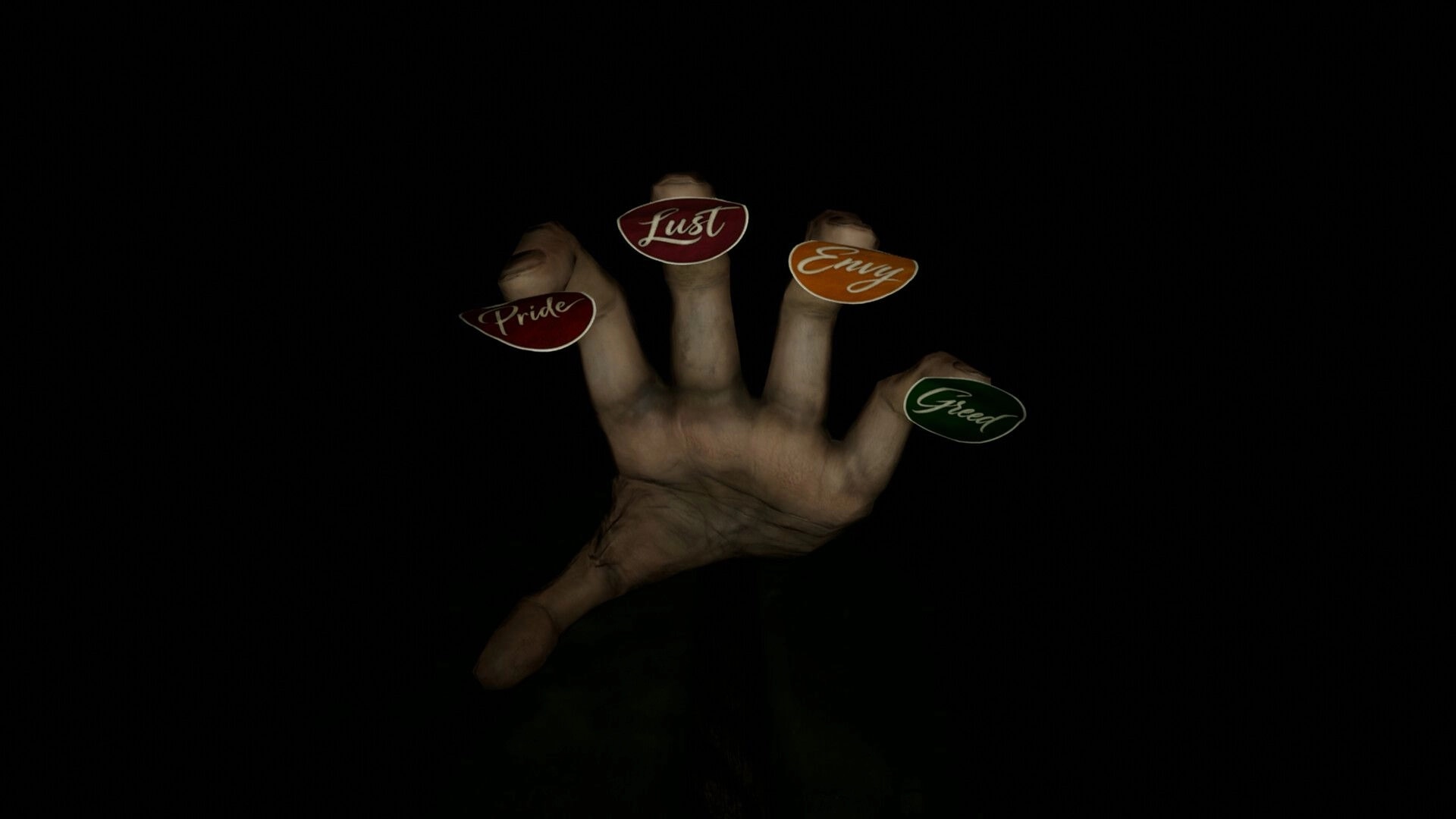 Michael Test: Floating hand with labeled sin tokens Pride, Lust, Envy, and Greed on black backdrop.