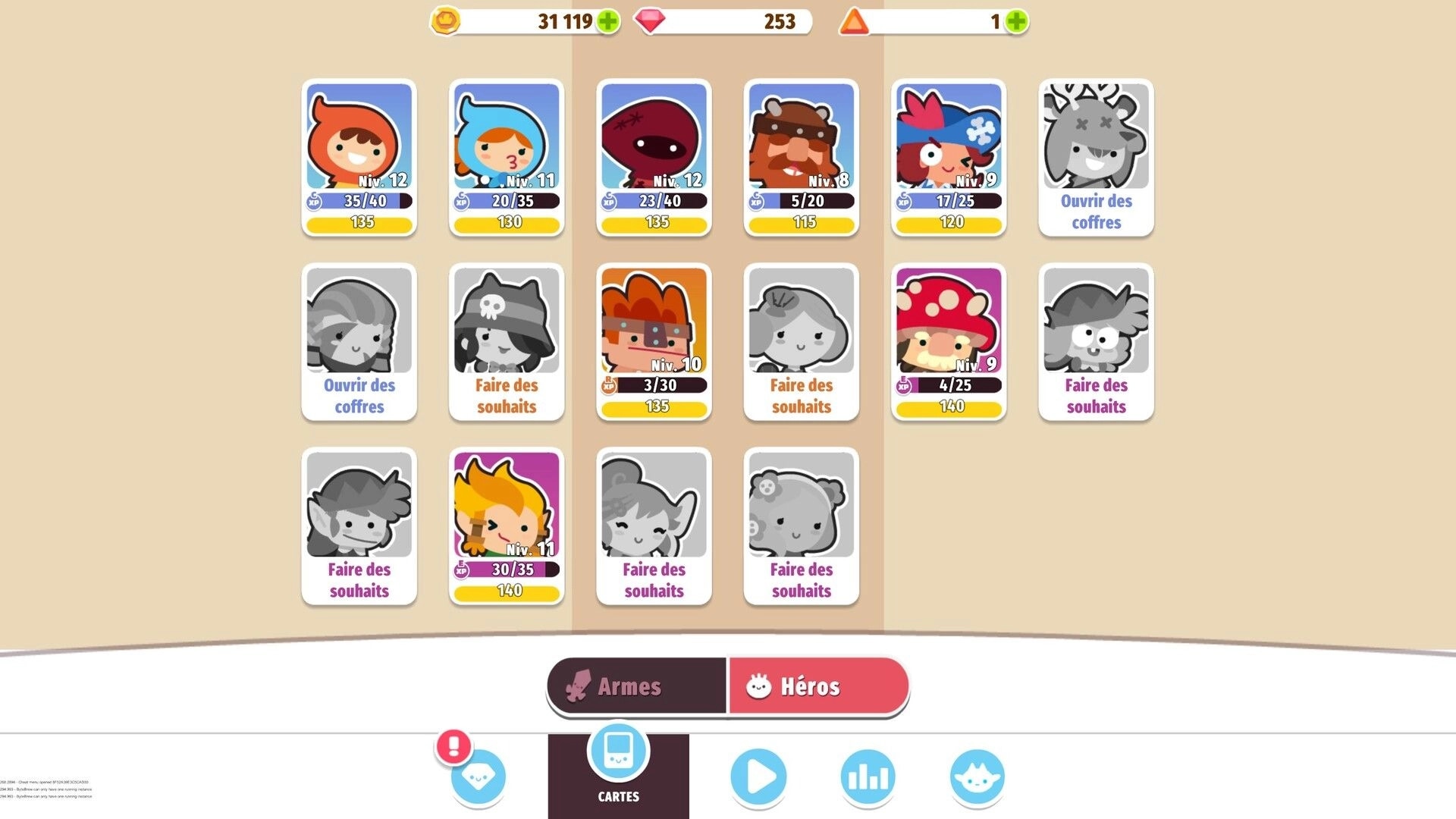 Micro RPG: Heroes card collection grid with level bars and chests/wishes options on beige menu screen.