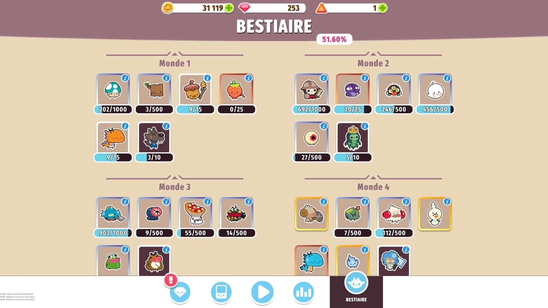Micro RPG: Bestiary menu with monster icons and collection counts organized by worlds 1-4 UI.