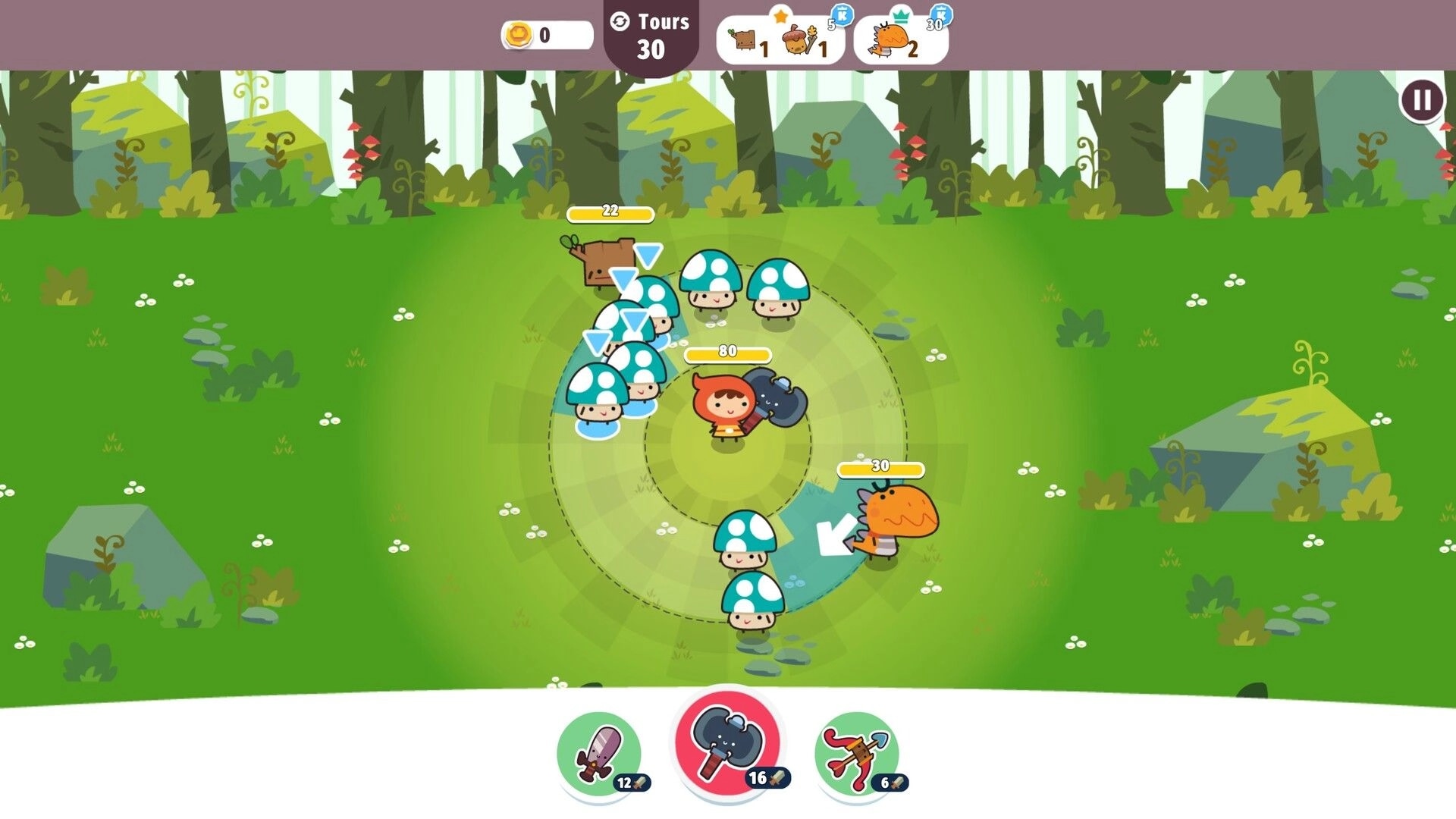Micro RPG: Hero with axe surrounded by mushroom allies and enemies in a bright forest battle map.