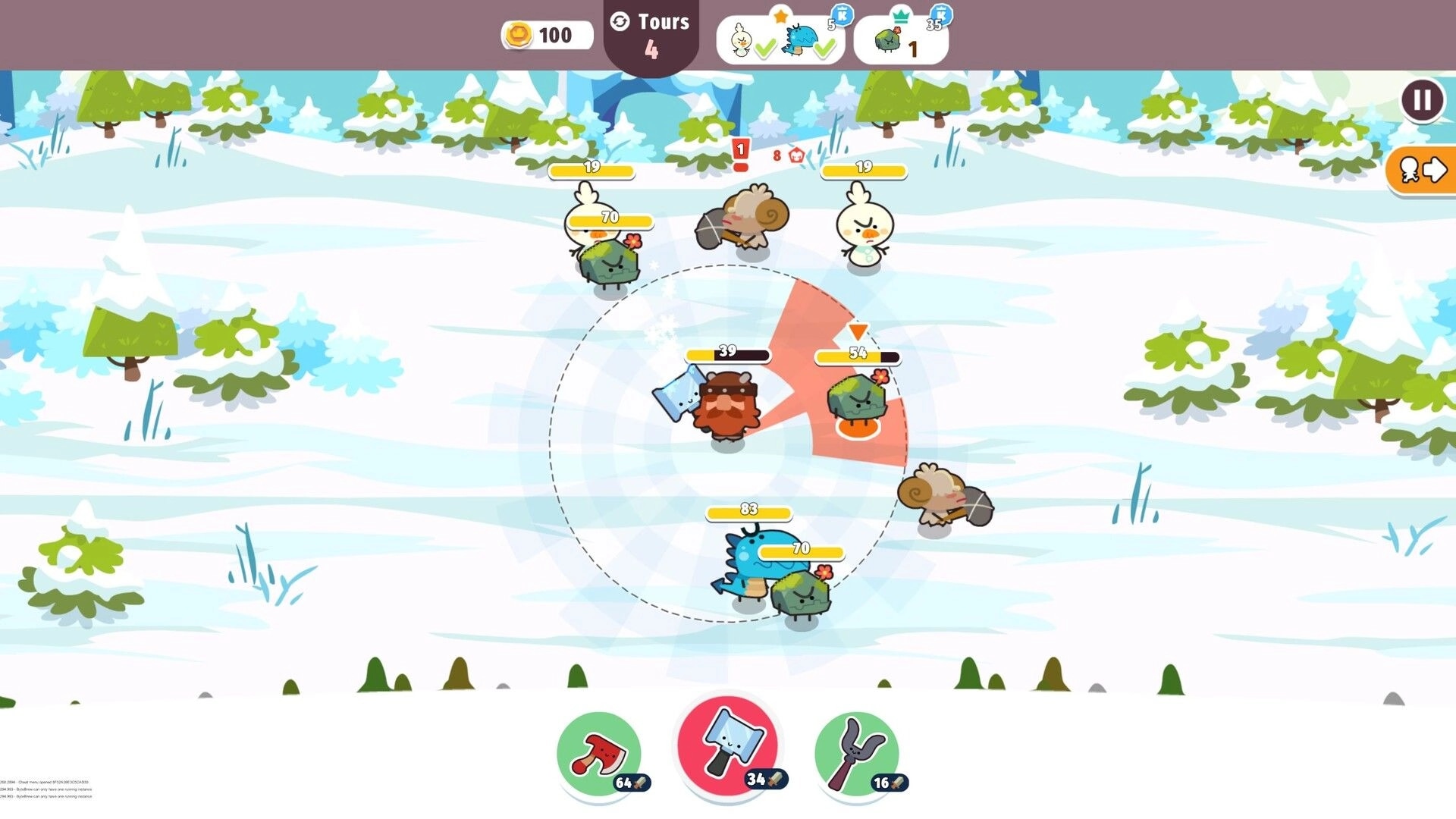 Micro RPG: Turn-based battle UI with axe hero and enemies, attack cone on snowy forest field.