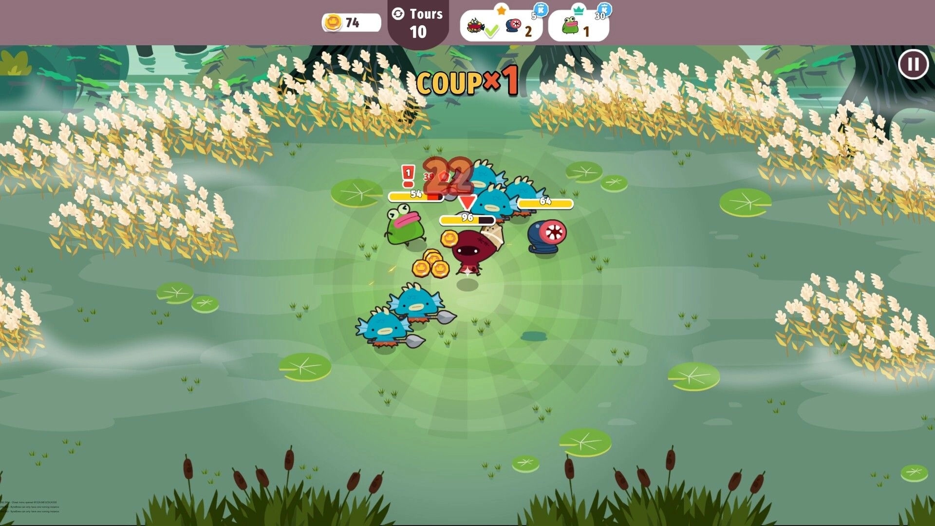 Micro RPG: Turn-based fight with blue monsters and damage numbers in a marsh with lily pads.