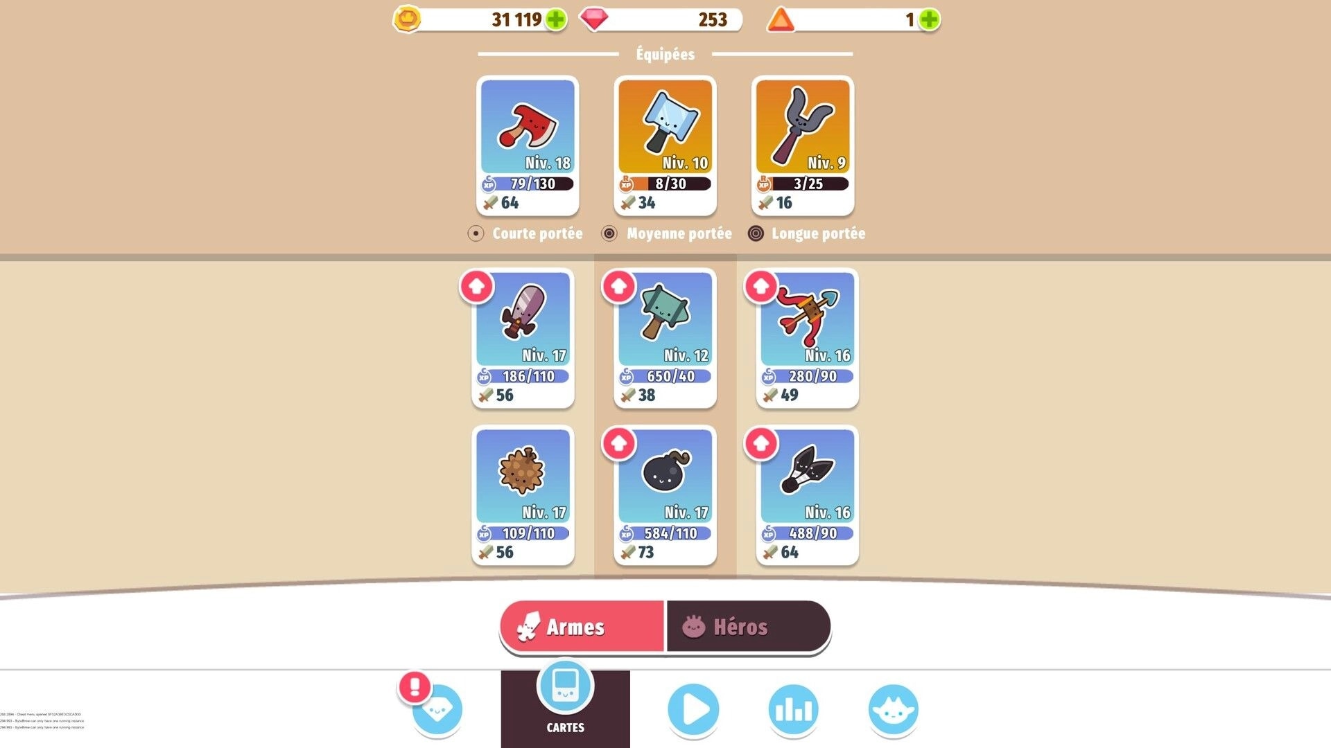 Micro RPG: Weapons inventory grid with equipped cards and level stats on a beige menu screen.