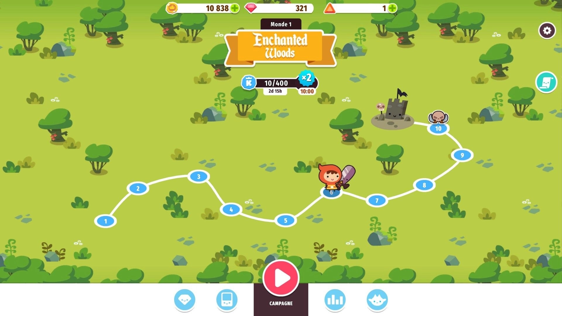 Micro RPG: Campaign map with hero on node 6 and level path to castle in Enchanted Woods.