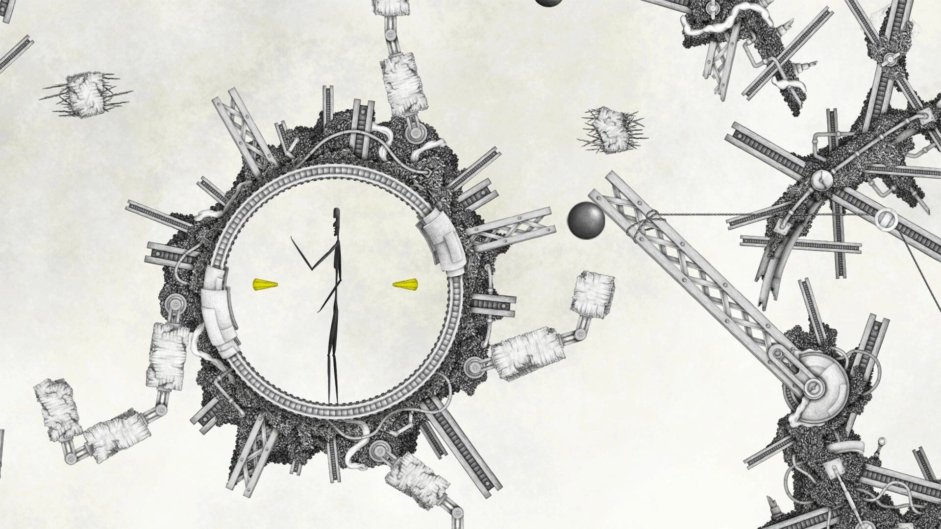 Micromega: Sphere navigates intricate clockwork gears and structures in a surreal hand-drawn environment.