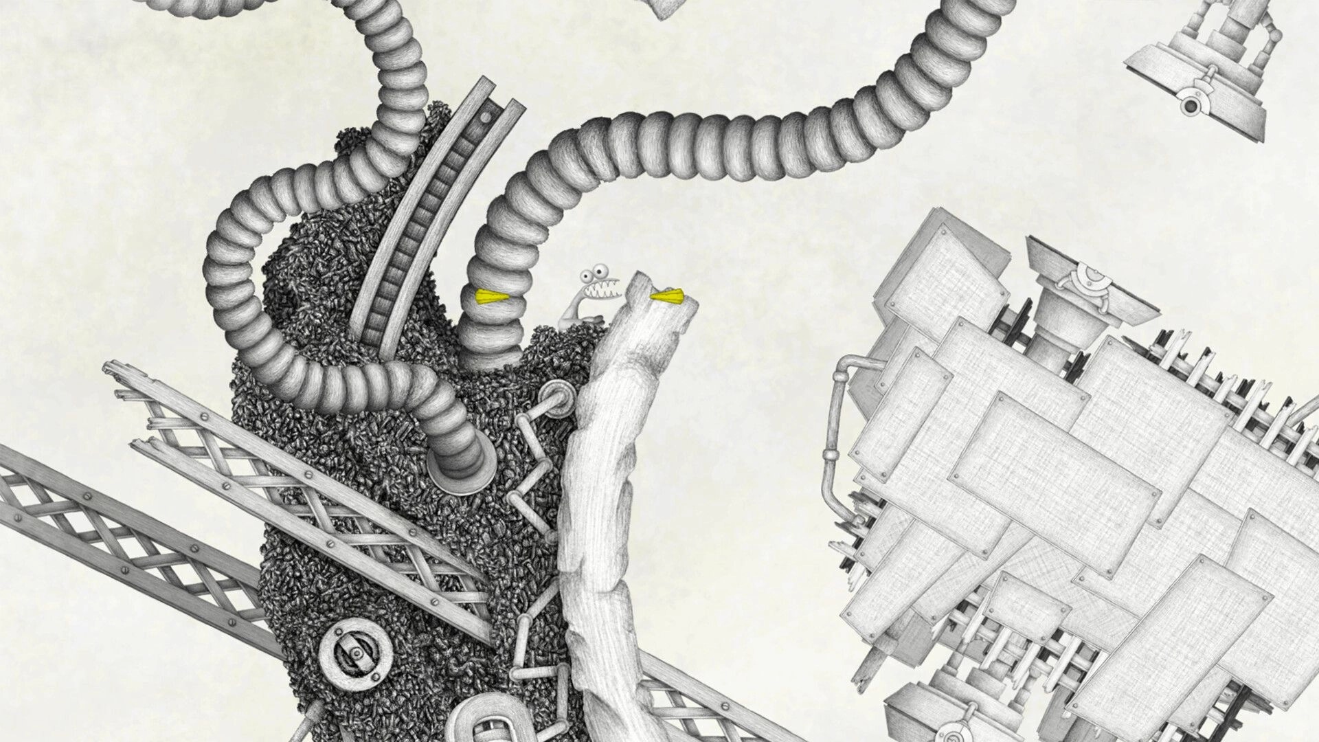 Micromega: Sphere navigating through intricate mechanical structures in a surreal hand-drawn world