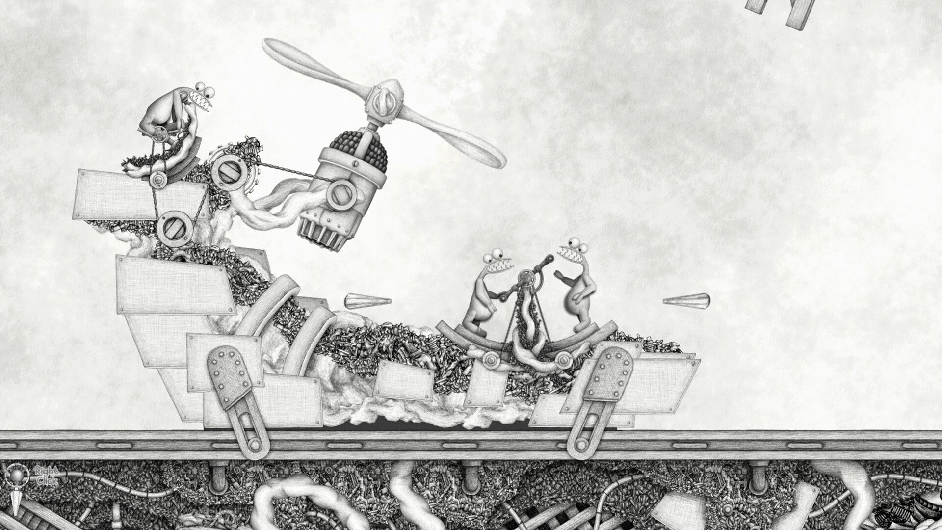 Micromega: Two creatures operate a mechanical contraption in a surreal, detailed black-and-white world.