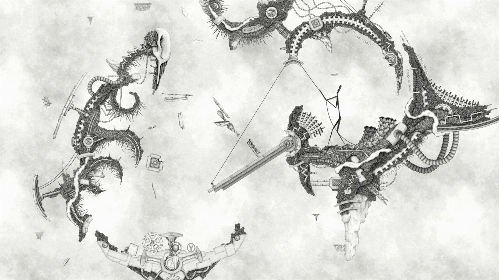 Micromega: Intricate hand-drawn mechanical structures and abstract designs in a surreal environment