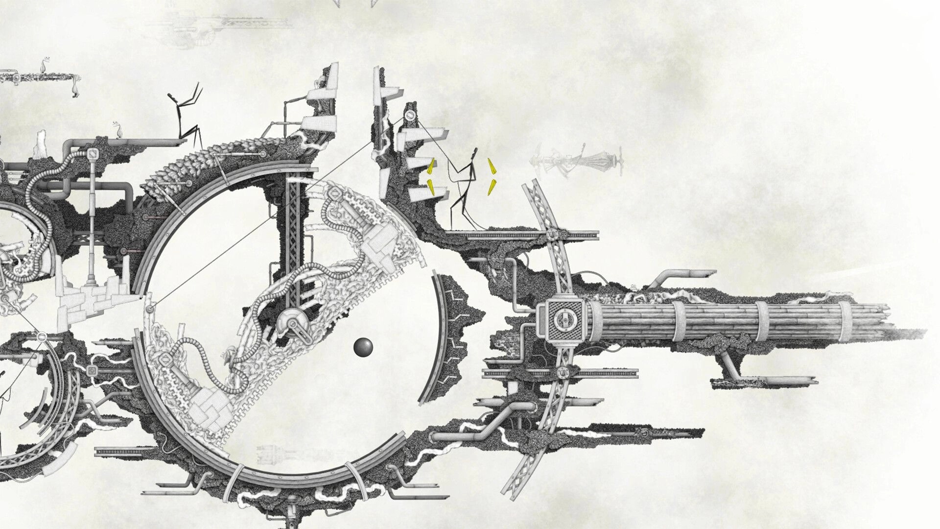 Micromega: Stick figures navigate a complex mechanical structure with a suspended Sphere in a surreal world.