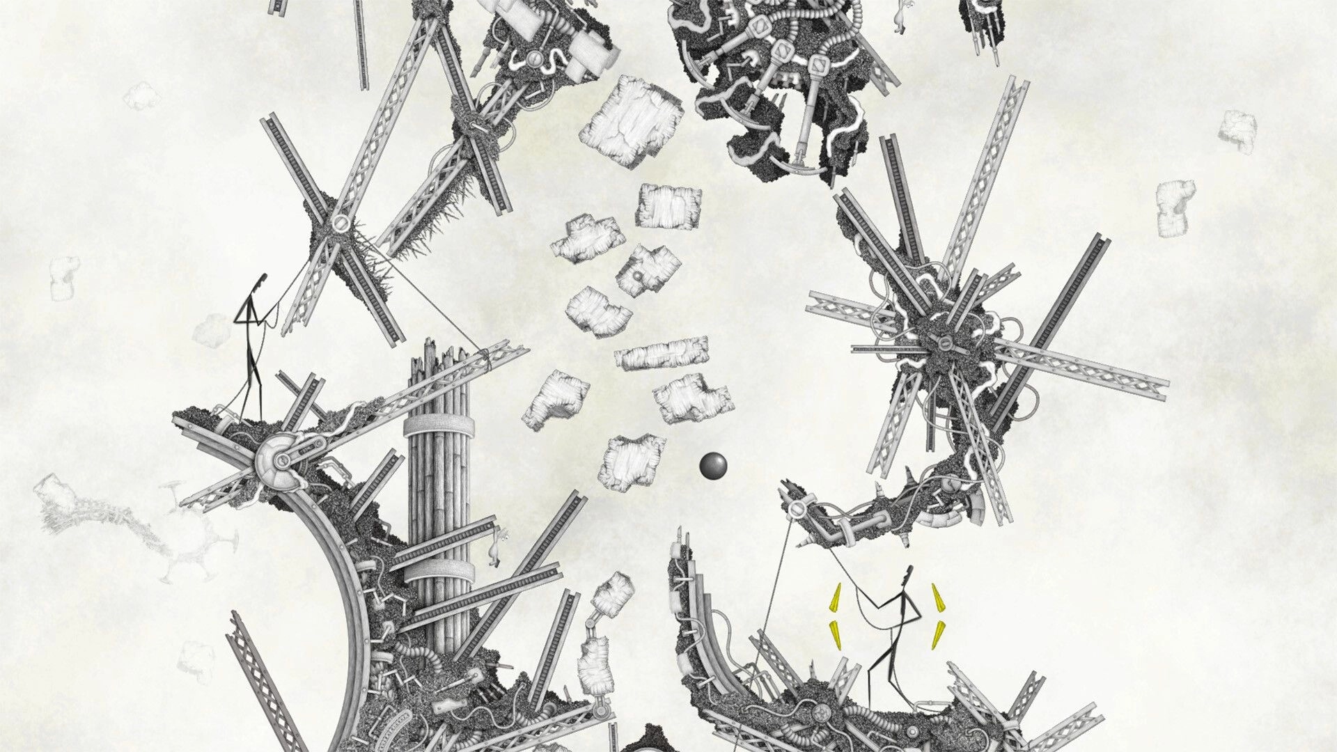 Micromega: Sphere navigates mechanical ruins with falling debris and stick figures in intricate design