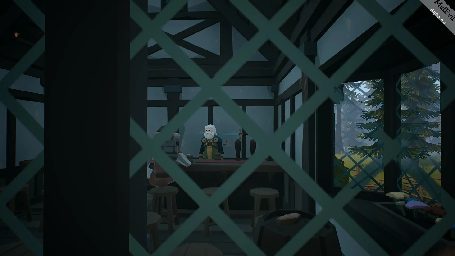 MidEvil: NPC behind bar in a wooden tavern, visible through lattice window with forest outside