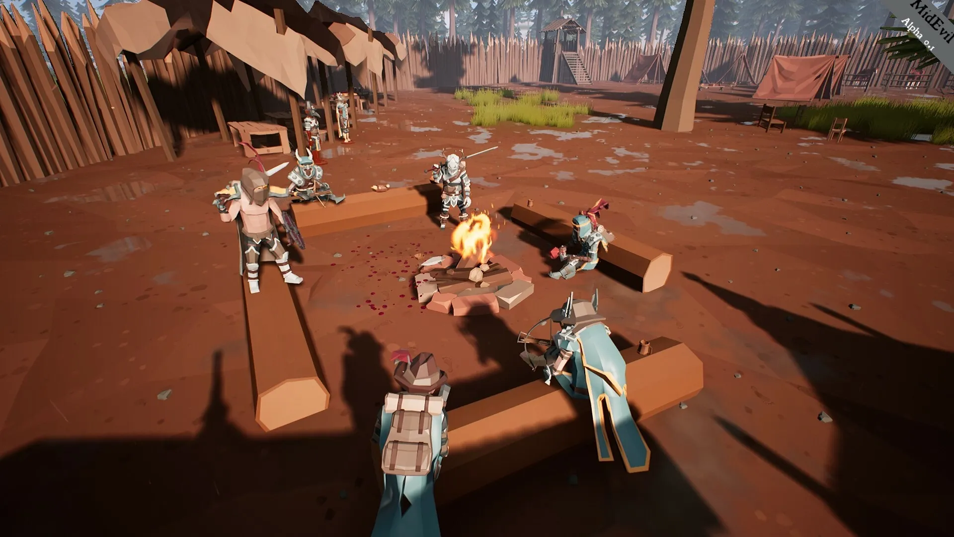 MidEvil: Characters gather around a campfire in a fortified village with wooden barricades and tents.
