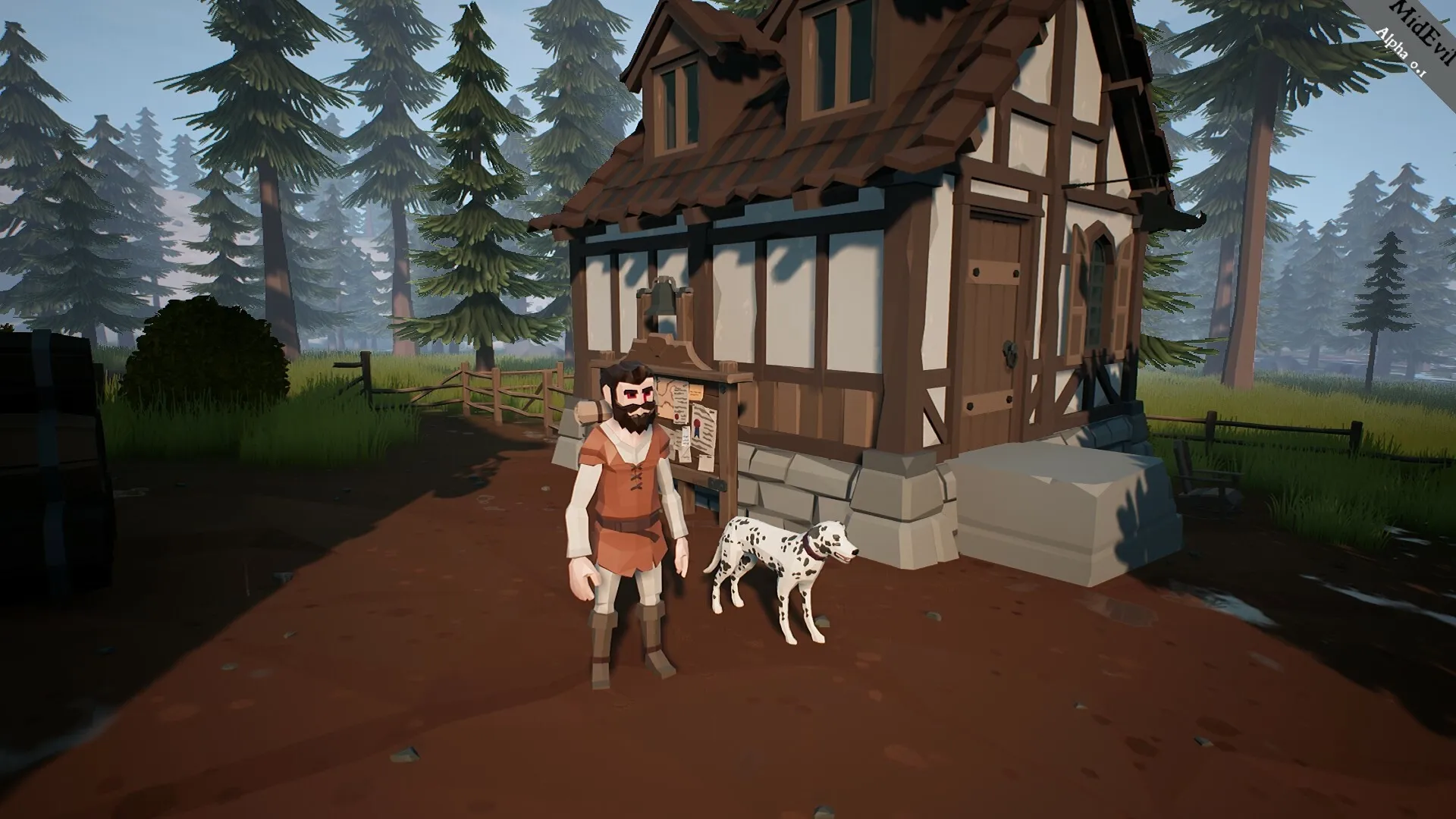 MidEvil: Character with dog stands outside a medieval house surrounded by tall pine trees