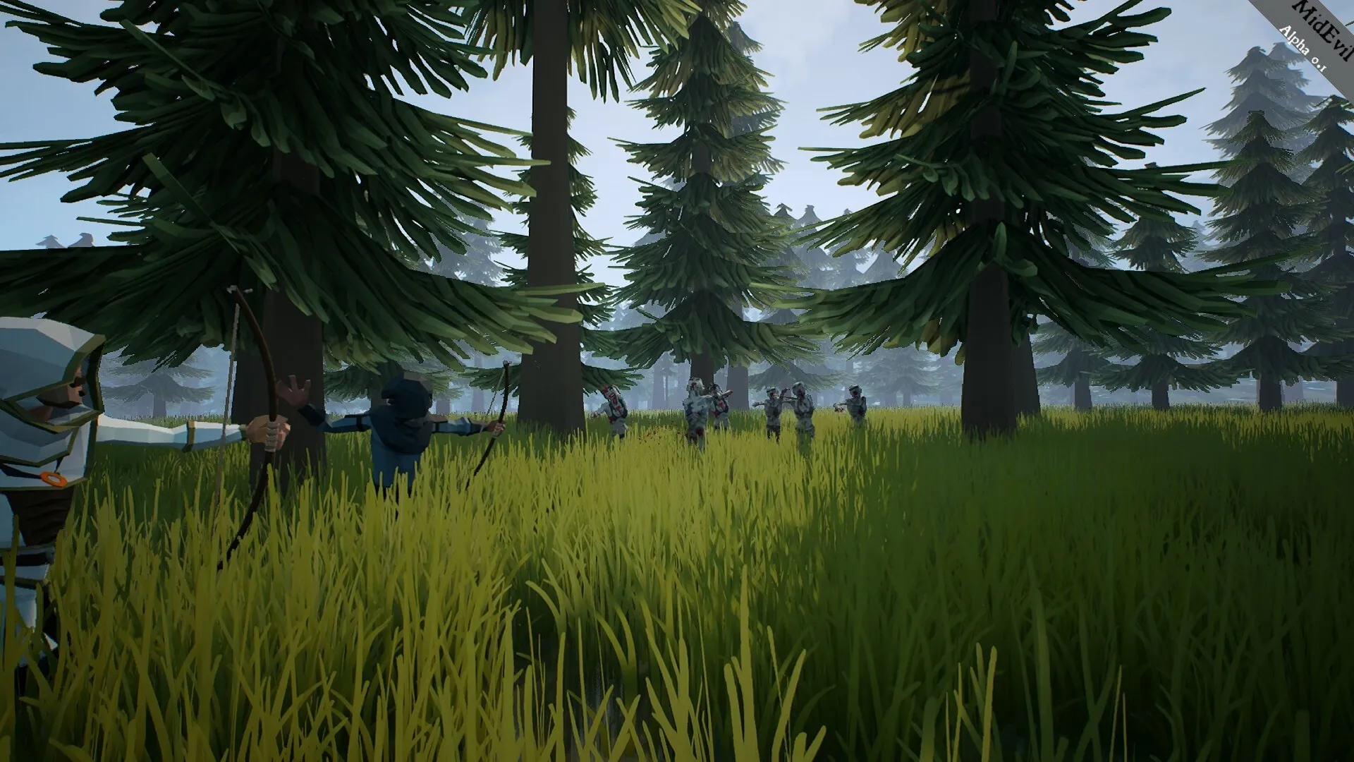MidEvil: Archers prepare to engage approaching zombies in a dense forest setting