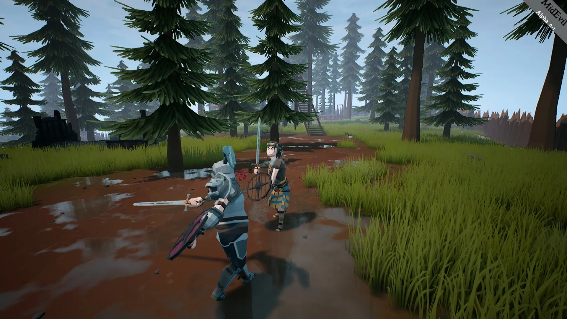 MidEvil: Two armored characters engage in sword combat on a muddy path surrounded by dense forest.