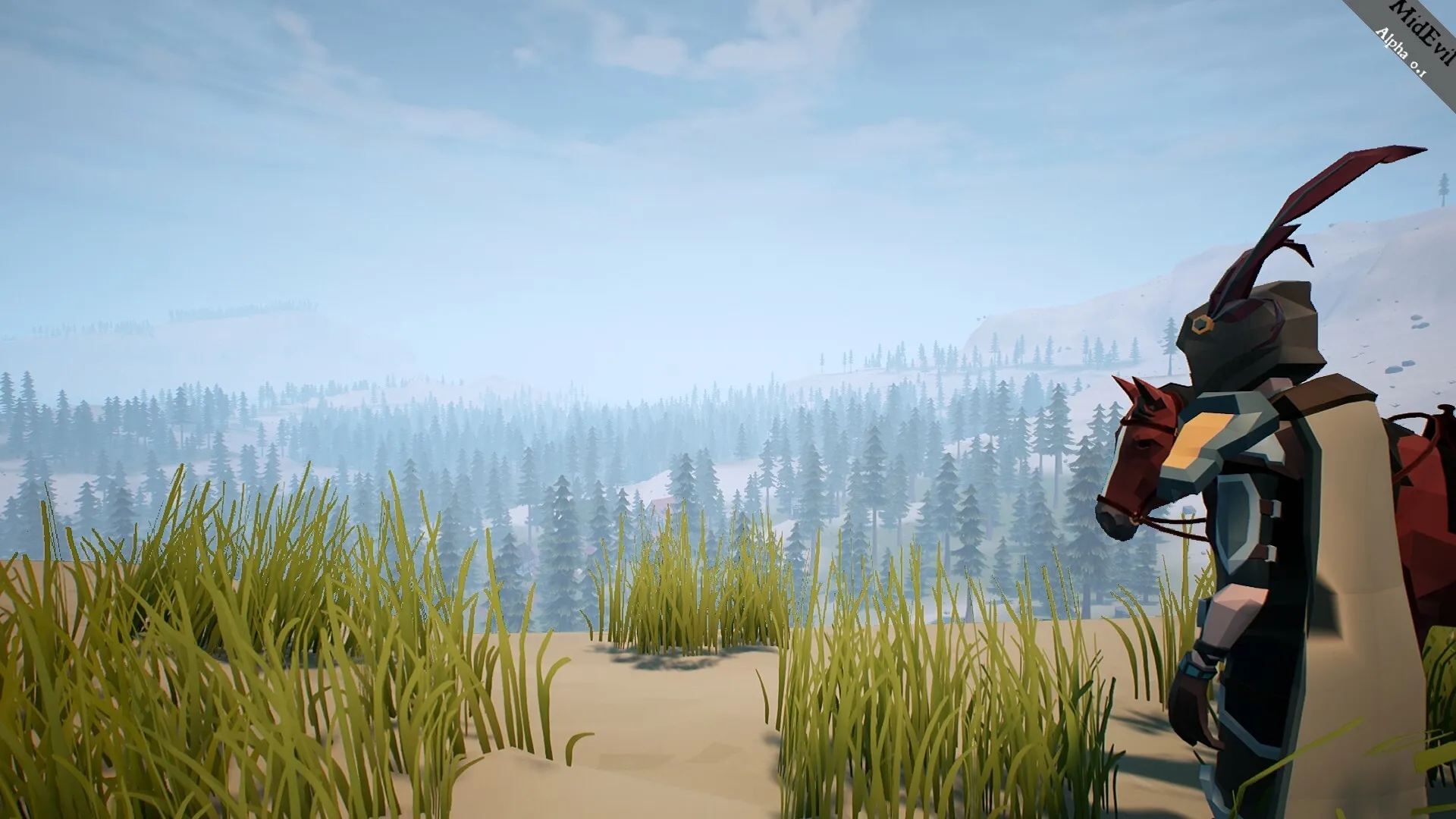 MidEvil: Character on horseback overlooking a vast, snowy forest landscape with distant mountains