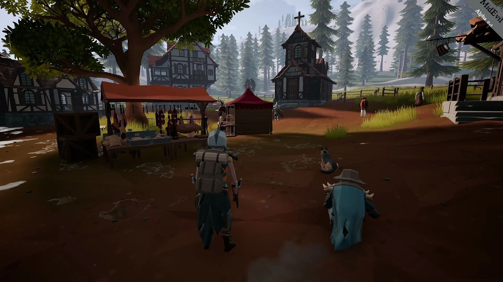 MidEvil: Two players explore a medieval village marketplace with vendors under a large tree canopy.