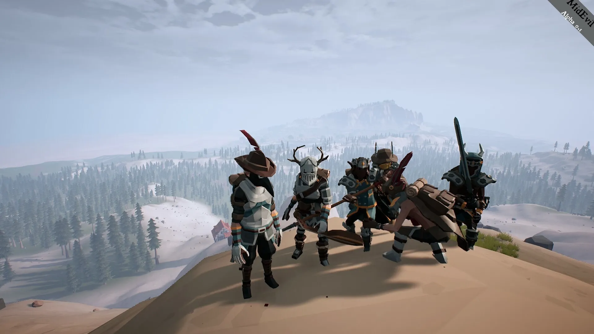 MidEvil: Group of armored players on a hill overlooking snowy forest and distant mountains