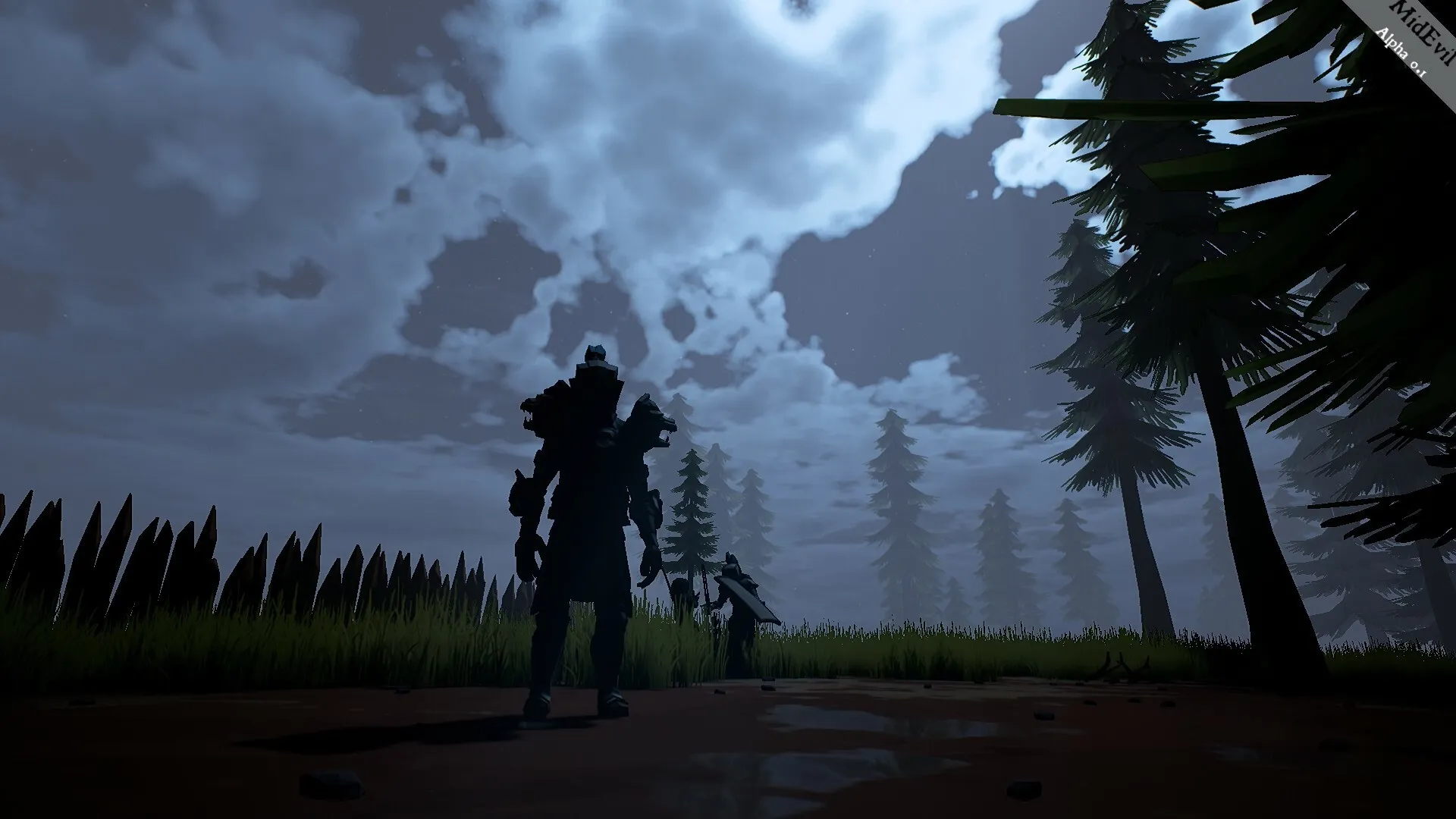 MidEvil: Silhouetted characters stand near spiked barricades in a dark, forested landscape under cloudy night sky.