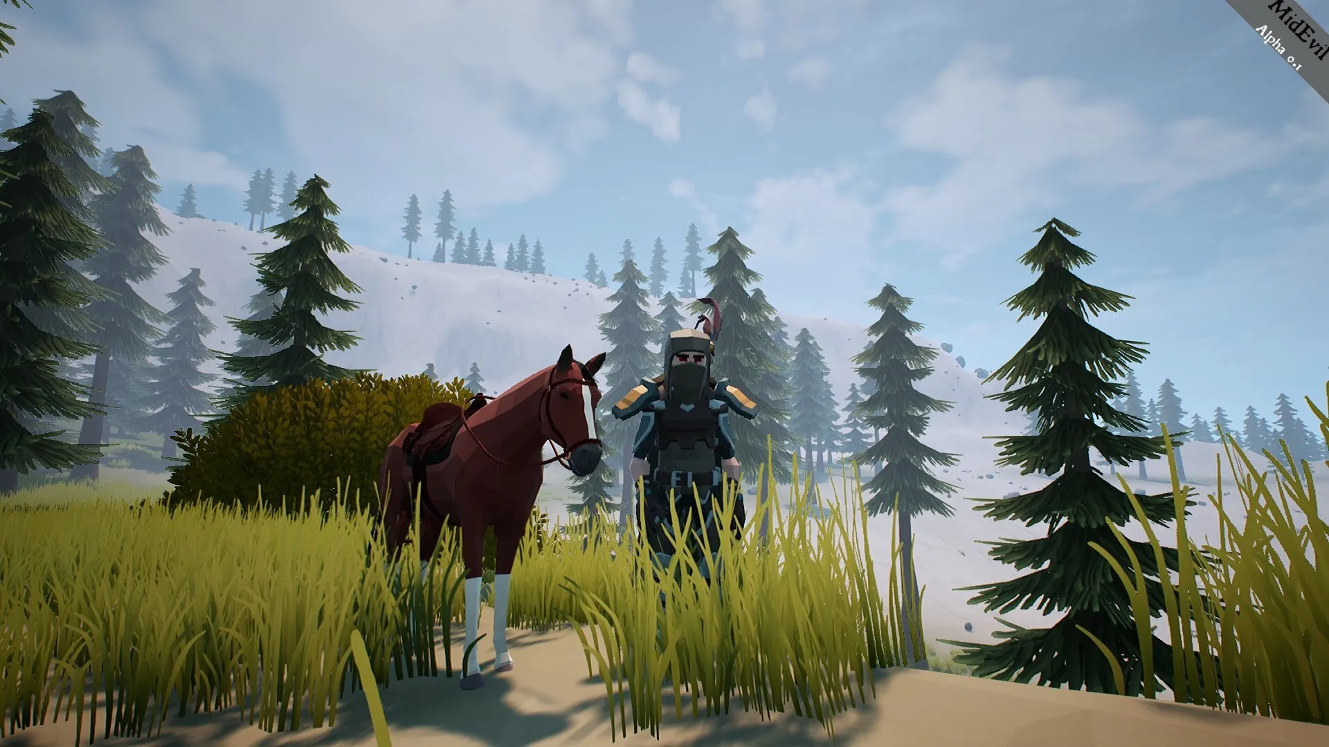 MidEvil: Armored character with horse in snowy forest with pine trees and mountains in the background