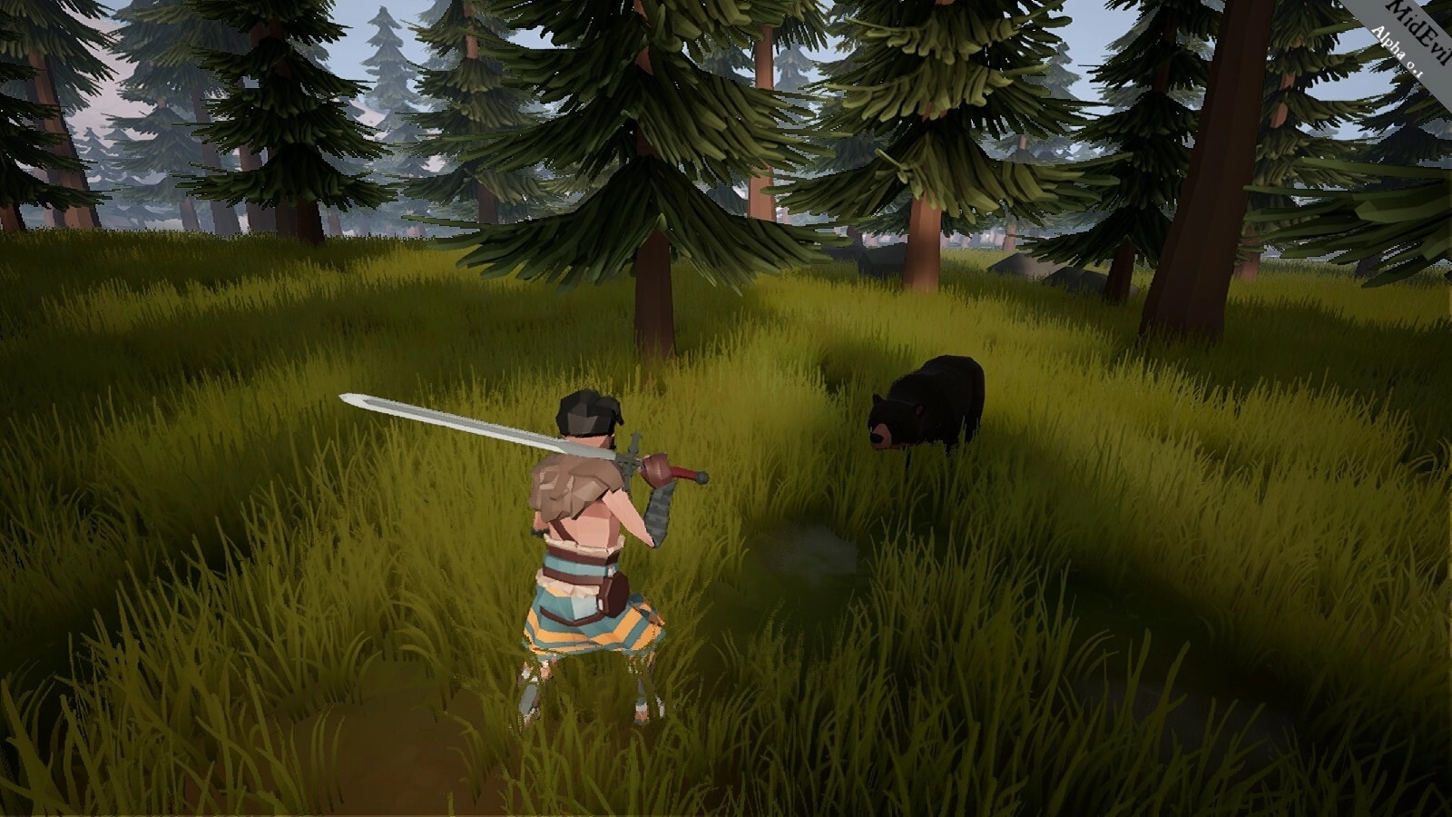 MidEvil: Player character with sword confronts a bear in dense forest environment