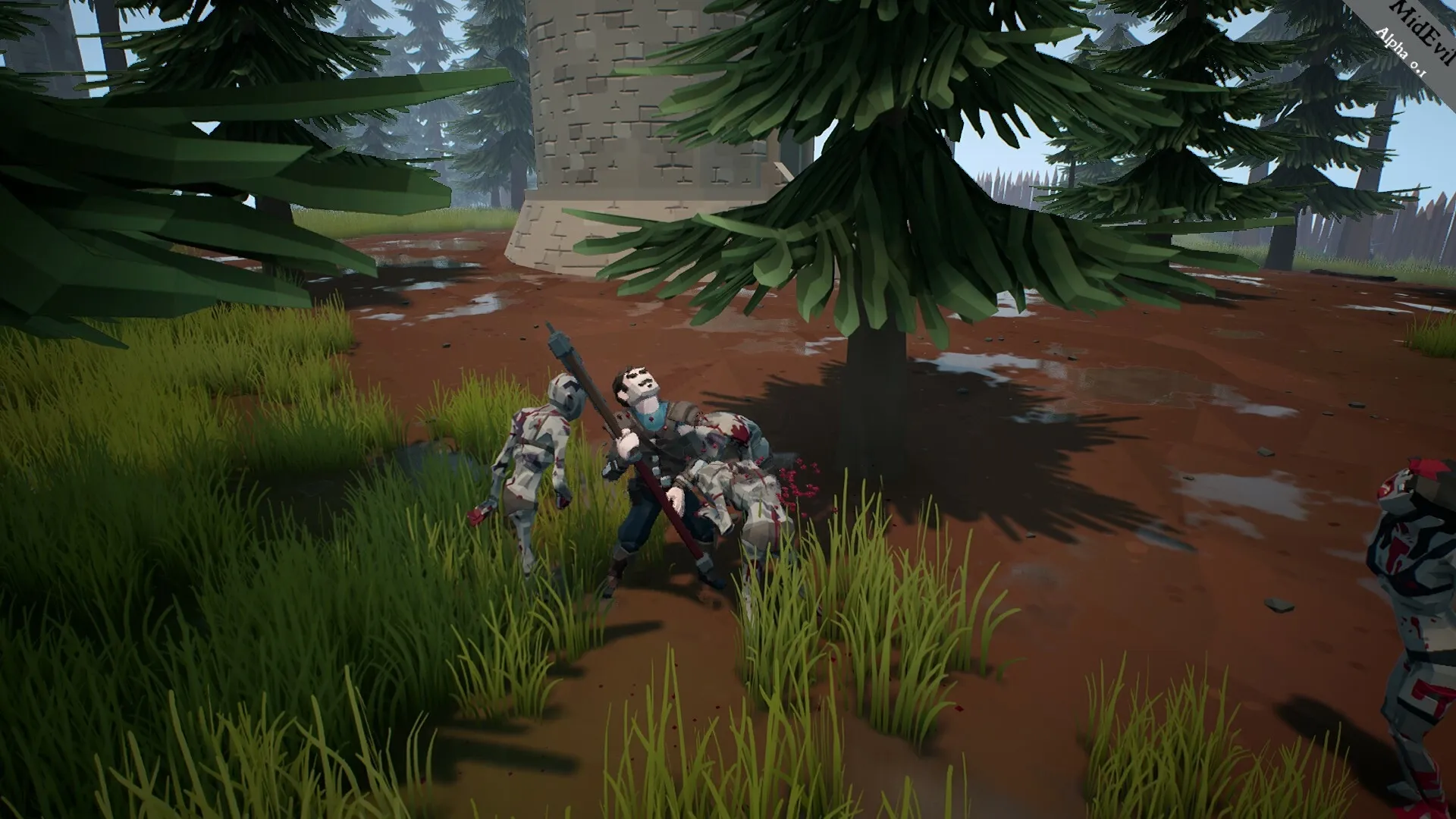 MidEvil: Player character battles zombies with a spear in a forested area near a stone tower.