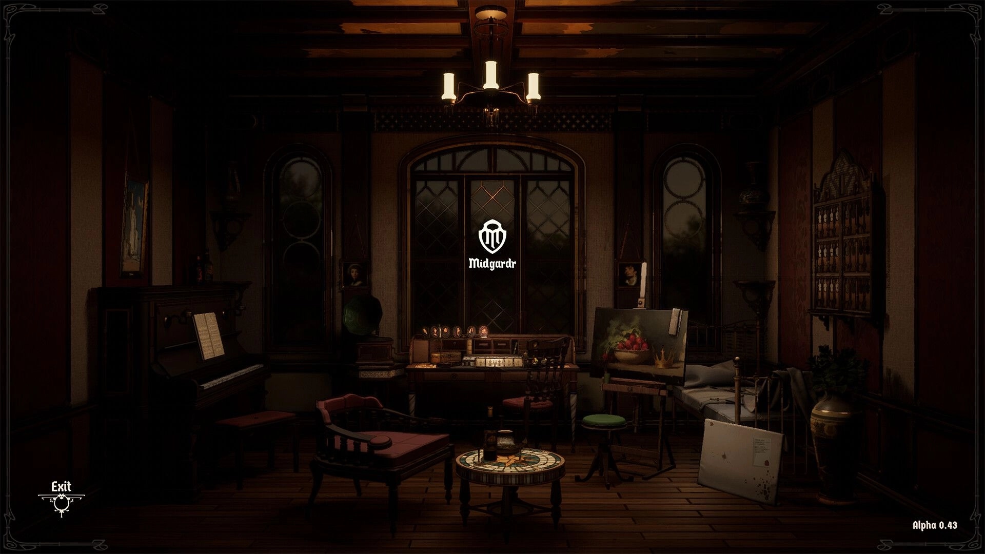 Midgardr: Main menu logo over a dim study with piano, desk, easel, and Exit button UI.