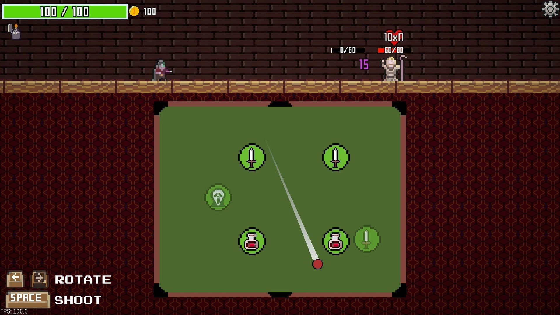 Midnight Billiards: Player aiming pool shot at targets with health bars in dungeon setting