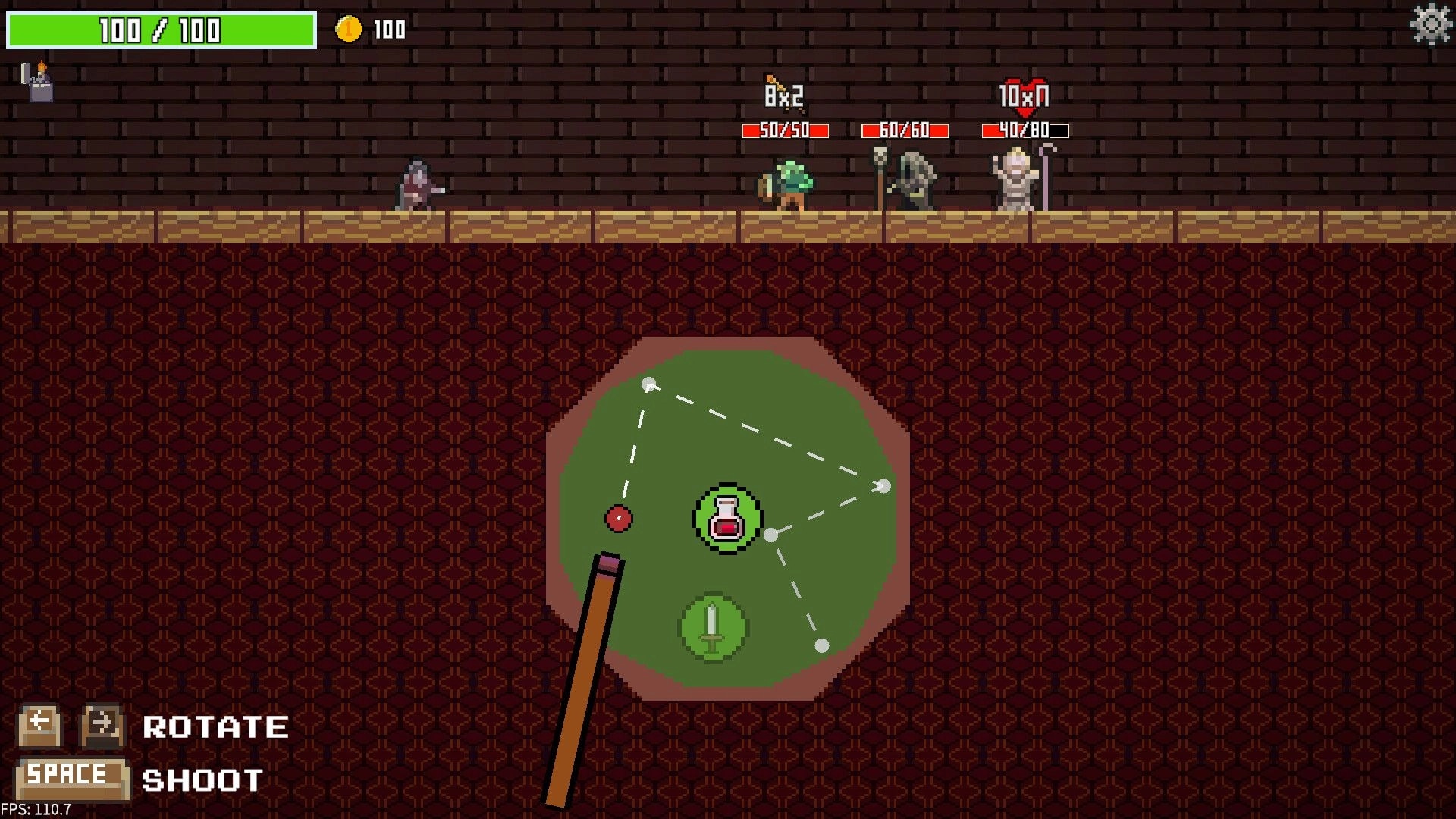 Midnight Billiards: Tactical aiming at potion on board, enemies above with health bars in dungeon setting