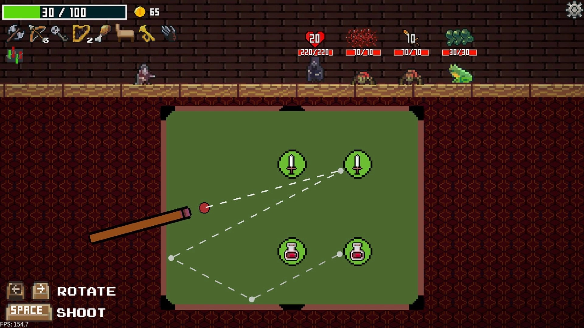 Midnight Billiards: Cue aiming at icons on table with health bar and inventory displayed in dungeon setting