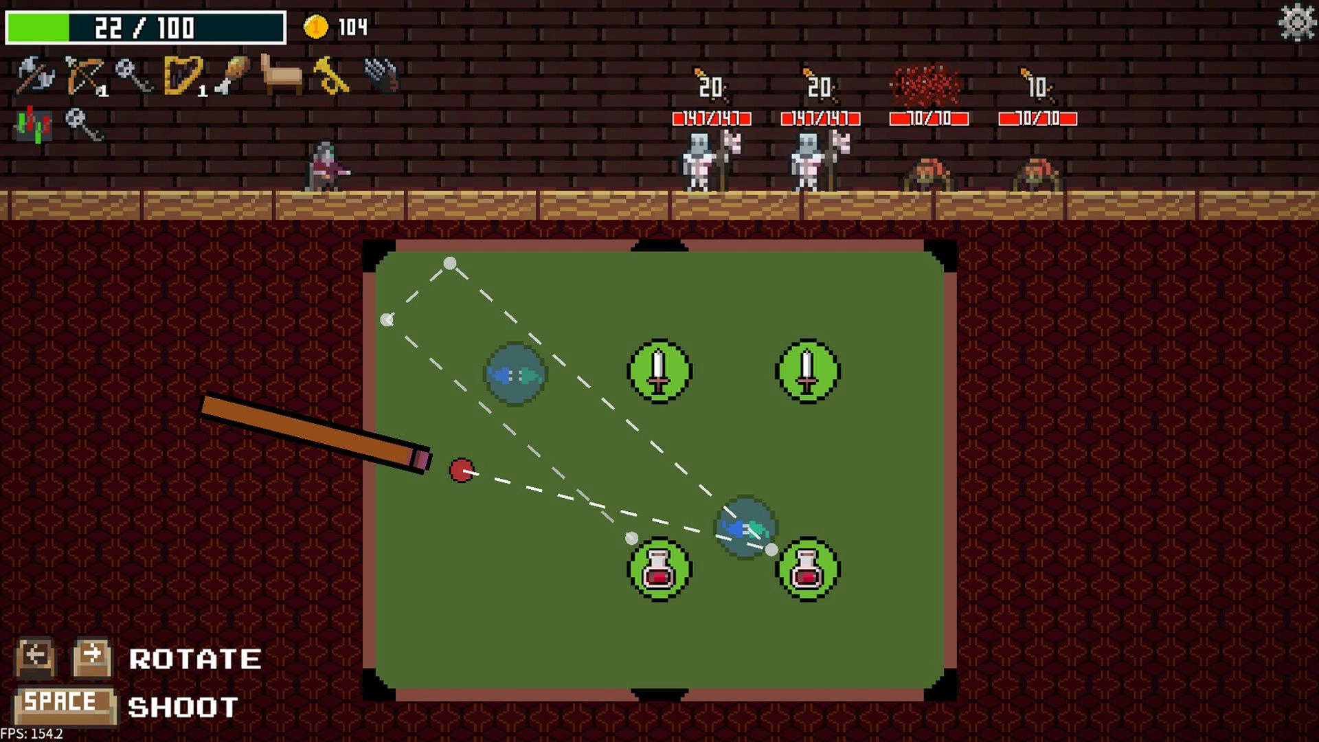 Midnight Billiards: Player aiming billiard shot at enemies in dungeon setting with HUD elements visible.