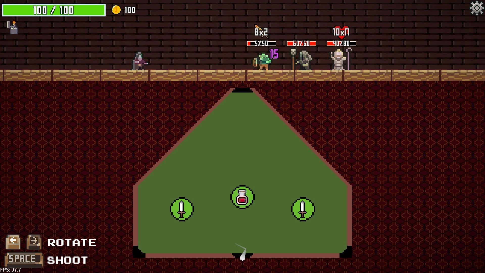 Midnight Billiards: Player aiming shot on green billiard table, enemies with health bars above visible