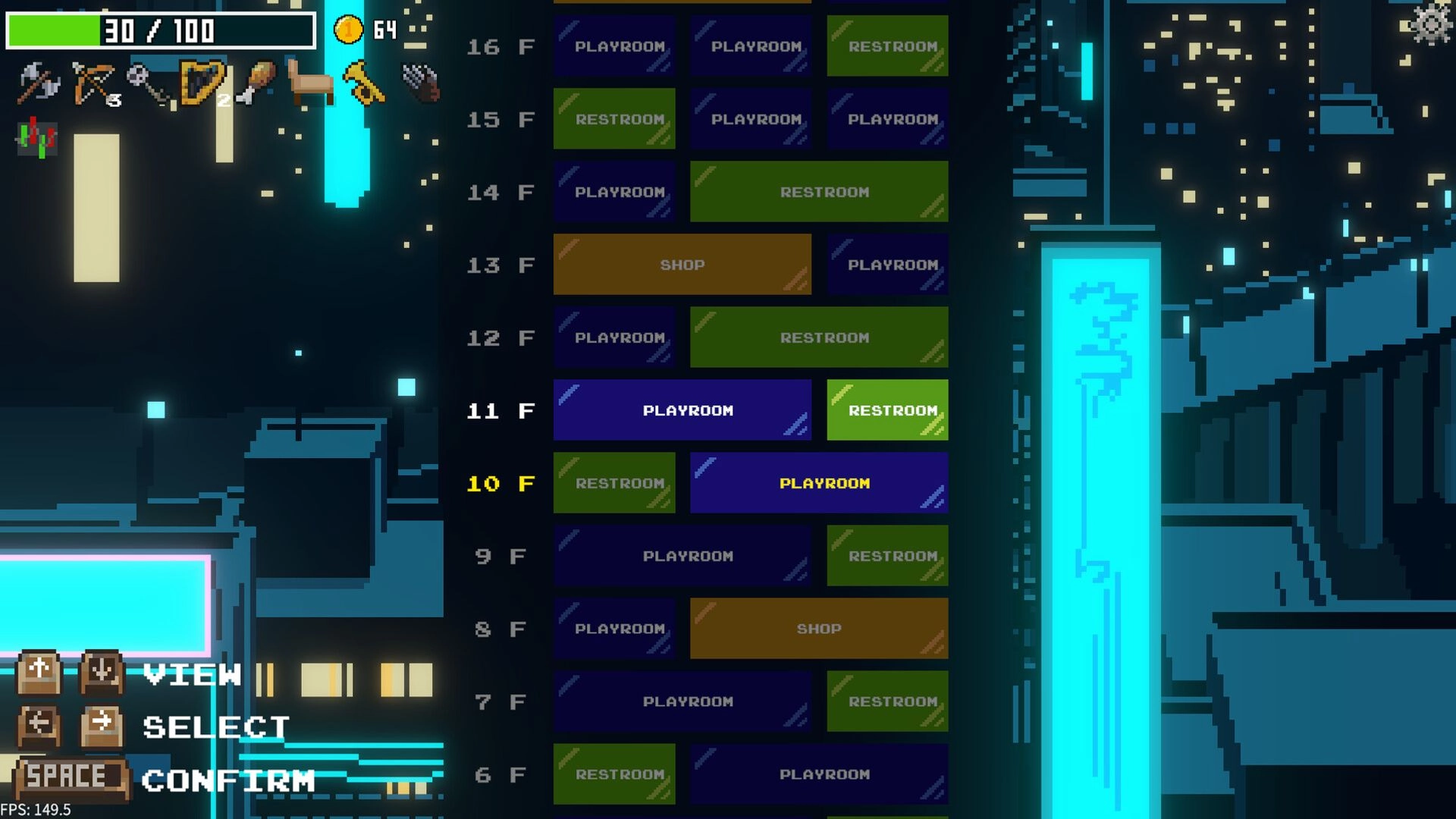 Midnight Billiards: Character inventory and building floor selection in neon-lit city environment