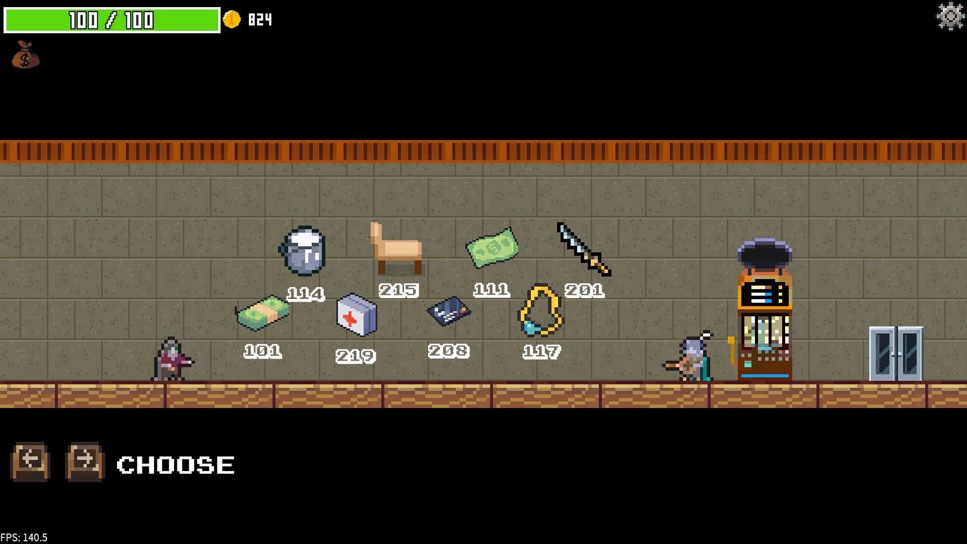 Midnight Billiards: Character selecting items in shop menu with health bar and coin count displayed