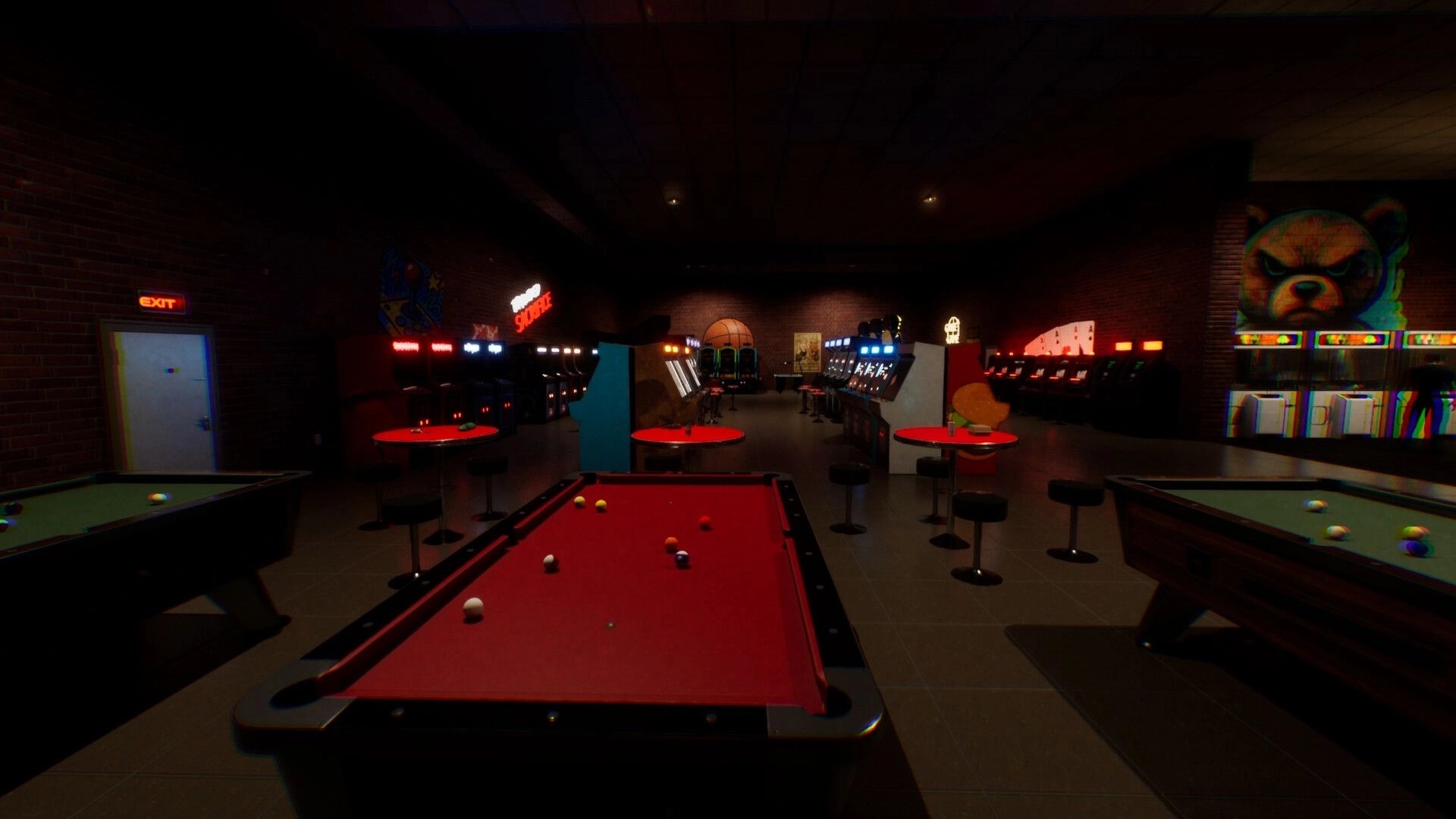 Midnight Crane: Empty arcade with pool tables, retro games, and eerie dim lighting in a dark room