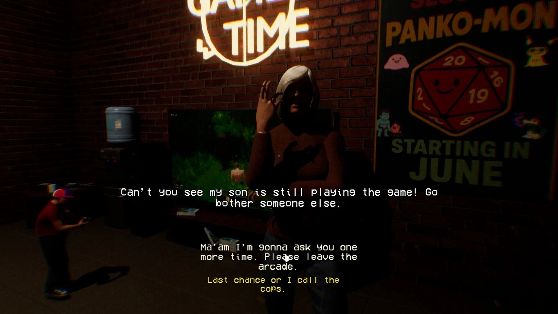 Midnight Crane: Arcade confrontation with Marcus talking to a woman under neon sign in dimly lit room