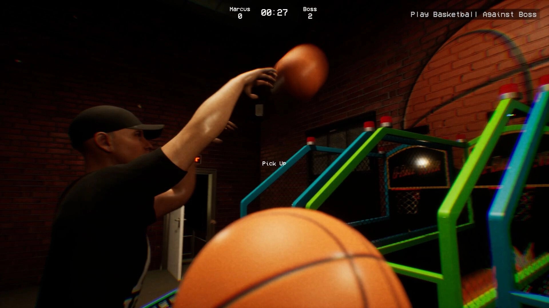 Midnight Crane: Marcus shoots basketball in dim arcade, score displayed, neon machine lights glow