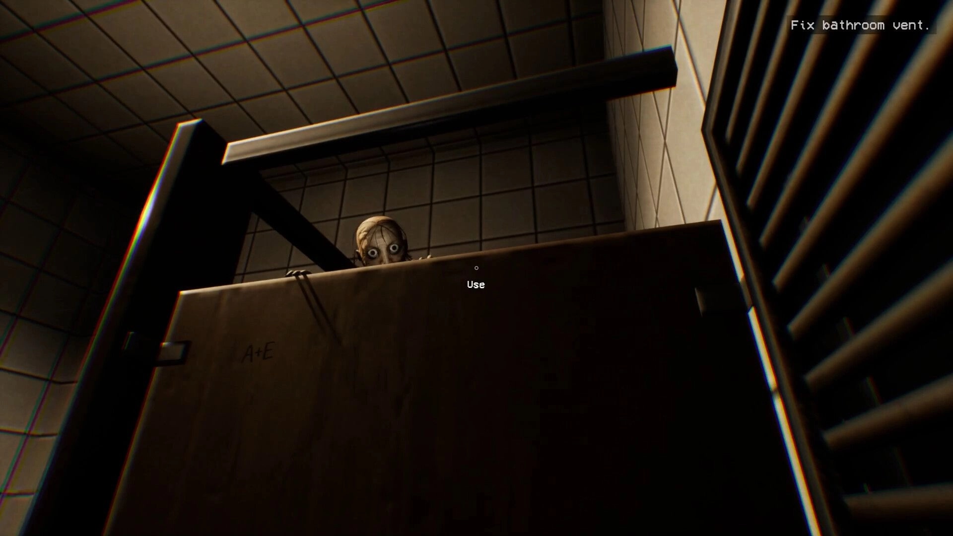 Midnight Crane: Creepy figure peeking over bathroom stall in dimly lit tiled restroom with task prompt